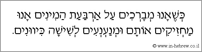 עברית: כשאנו מברכים על ארבעת המינים אנו מחזיקים אותם ומנענעים לשישה כיוונים.