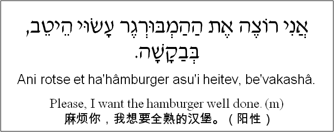 中文和希伯来语: 麻烦你，我想要全熟的汉堡。（阳性）