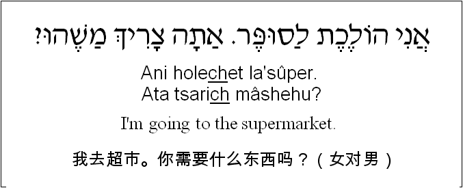 中文和希伯来语: 我去超市。你需要什么东西吗？（女对男）