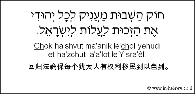 中文和希伯来语: 回归法确保每个犹太人有权利移民到以色列。