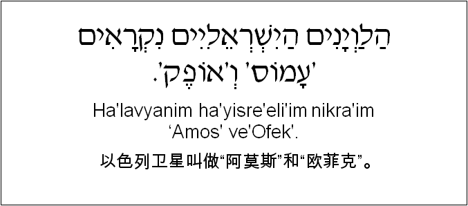 中文和希伯来语: 以色列卫星叫做“阿莫斯”和“欧菲克”。