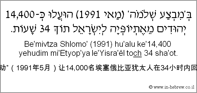 中文和希伯来语: “所罗门行动”（1991年5月）让14,000名埃塞俄比亚犹太人在34小时内回归以色列。