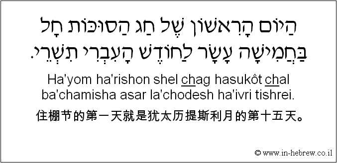 中文和希伯来语: 住棚节的第一天就是犹太历提斯利月的第十五天。