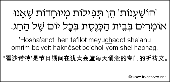 中文和希伯来语: “霍沙诺特”是节日期间在犹太会堂每天诵念的专门的祈祷文。