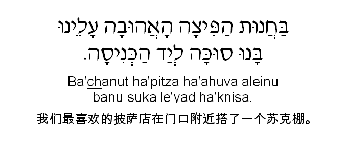 中文和希伯来语: 我们最喜欢的披萨店在门口附近搭了一个苏克棚。