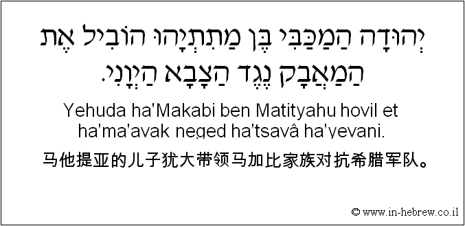 中文和希伯来语: 马他提亚的儿子犹大带领马加比家族对抗希腊军队。