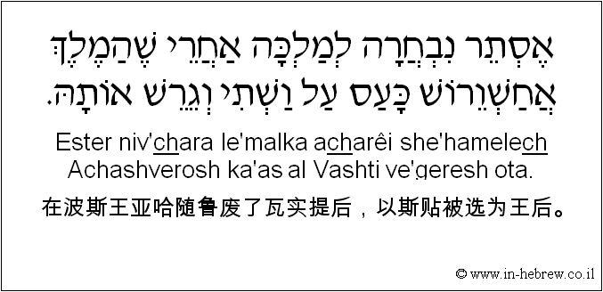 中文和希伯来语: 在波斯王亚哈随鲁废了瓦实提后，以斯贴被选为王后。