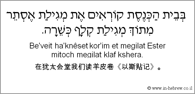 中文和希伯来语: 在犹太会堂我们读羊皮卷《以斯贴记》。