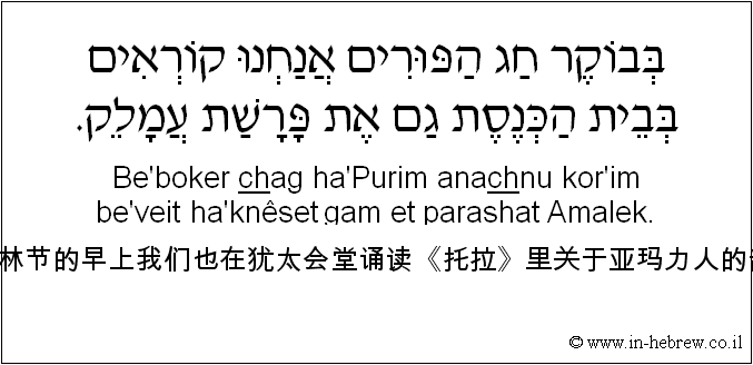 中文和希伯来语: 在普林节的早上我们也在犹太会堂诵读《托拉》里关于亚玛力人的部分。