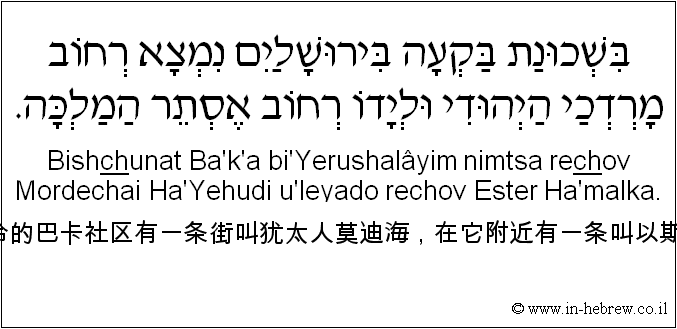 中文和希伯来语: 在耶路撒冷的巴卡社区有一条街叫犹太人莫迪海，在它附近有一条叫以斯贴王后街。