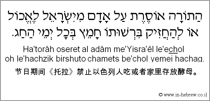 中文和希伯来语: 节日期间《托拉》禁止以色列人吃或者家里存放酵母。