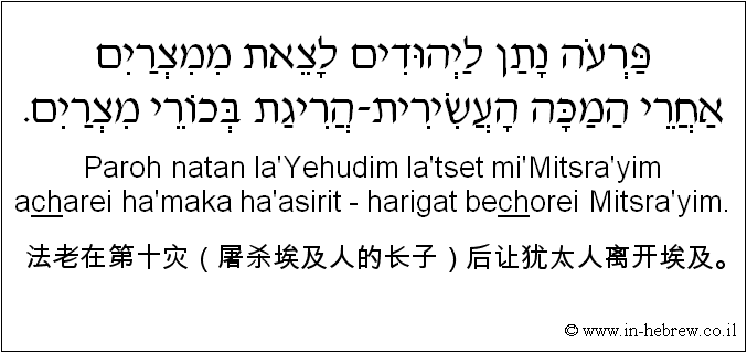 中文和希伯来语: 法老在第十灾（屠杀埃及人的长子）后让犹太人离开埃及。