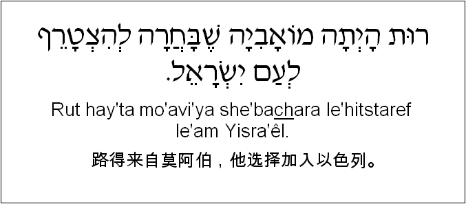 中文和希伯来语: 路得来自莫阿伯，他选择加入以色列。