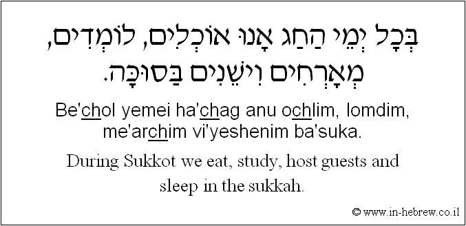 English to Hebrew: During Sukkot we eat, study, host guests and sleep in the sukkah.