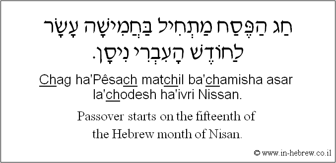 English to Hebrew: Passover starts on the fifteenth of the Hebrew month of Nisan.