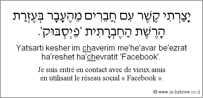 Français à l'hébreu: Je suis entré en contact avec de vieux amis en utilisant le réseau social « Facebook ».
