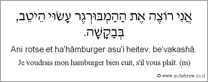 Français à l'hébreu: Je voudrais mon hamburger bien cuit, s'il vous plaît. (m)