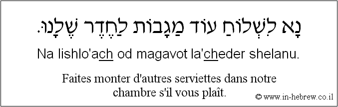 Français à l'hébreu: Faites monter d’autres serviettes dans notre chambre s'il vous plaît.