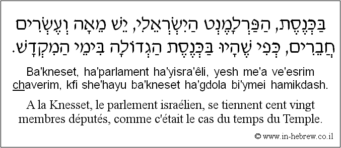 Français à l'hébreu: A la Knesset, le parlement israélien, se tiennent cent vingt membres députés, comme c’était le cas du temps du Temple.