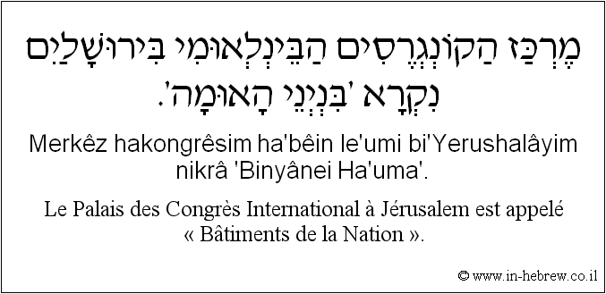Français à l'hébreu: Le Palais des Congrès International à Jérusalem est appelé « Bâtiments de la Nation ».