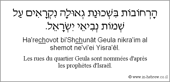 Français à l'hébreu: Les rues du quartier Geula sont nommées d'après les prophètes d'Israël.