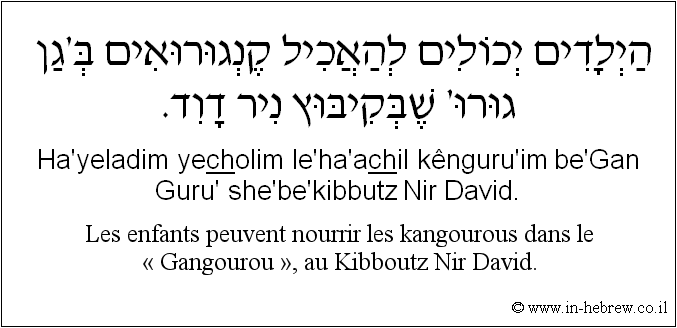 Français à l'hébreu: Les enfants peuvent nourrir les kangourous dans le « Gangourou », au Kibboutz Nir David.