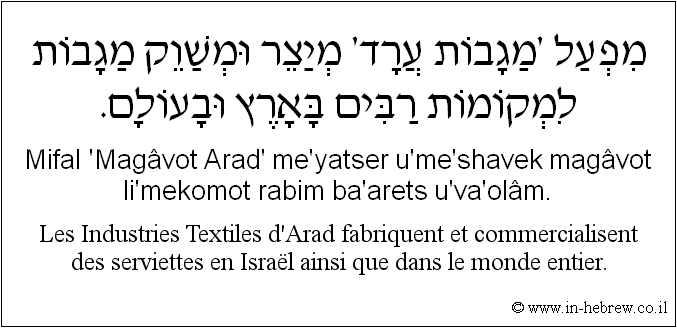 Français à l'hébreu: Les Industries Textiles d'Arad fabriquent et commercialisent des serviettes en Israël ainsi que dans le monde entier.