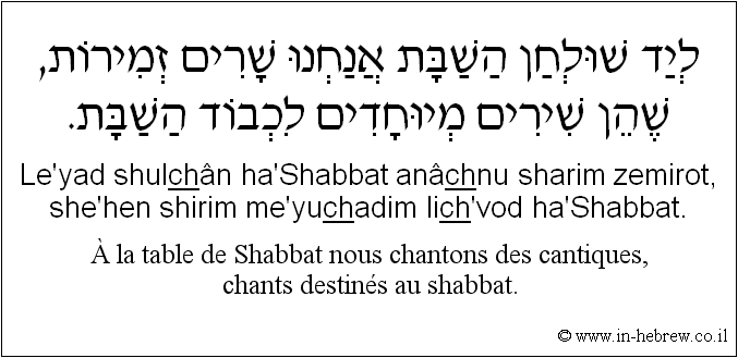 Français à l'hébreu: À la table de Shabbat nous chantons des cantiques, chants destinés au shabbat.