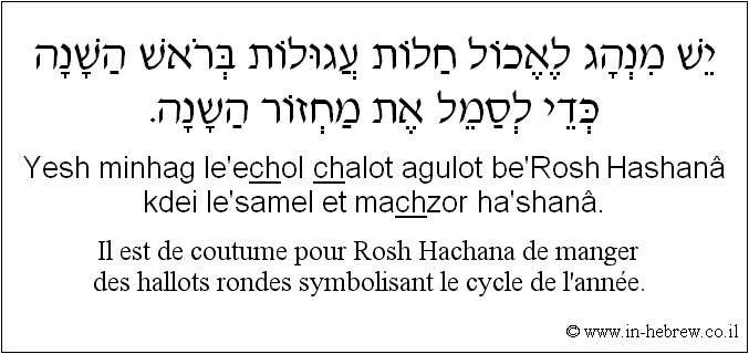Français à l'hébreu: Il est de coutume pour Rosh Hachana de manger des hallots rondes symbolisant le cycle de l'année.