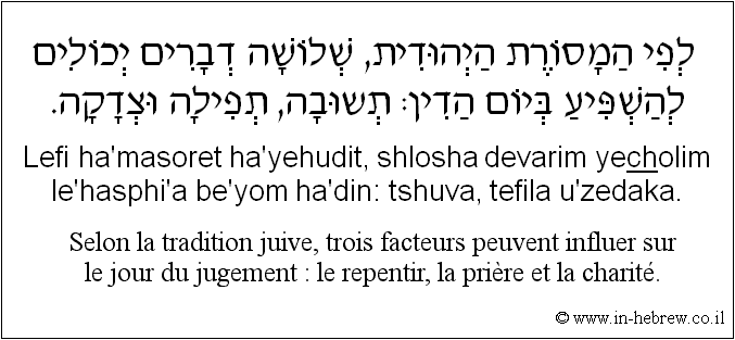 Français à l'hébreu: Selon la tradition juive, trois facteurs peuvent influer sur le jour du jugement : le repentir, la prière et la charité.
