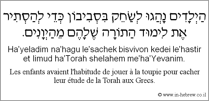 Français à l'hébreu: Les enfants avaient l'habitude de jouer à la toupie pour cacher leur étude de la Torah aux Grecs.