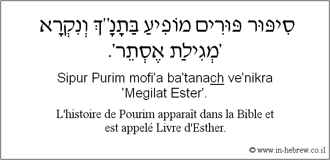 Français à l'hébreu: L'histoire de Pourim apparaît dans la Bible et est appelé Livre d'Esther.