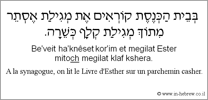 Français à l'hébreu: A la synagogue, on lit le Livre d'Esther sur un parchemin casher.