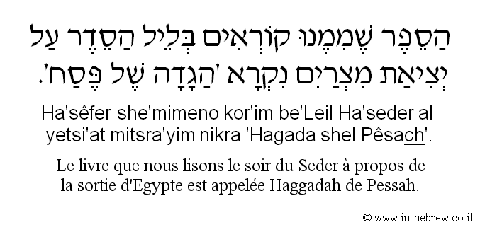 Français à l'hébreu: Le livre que nous lisons le soir du Seder à propos de la sortie d'Egypte est appelée Haggadah de Pessah.