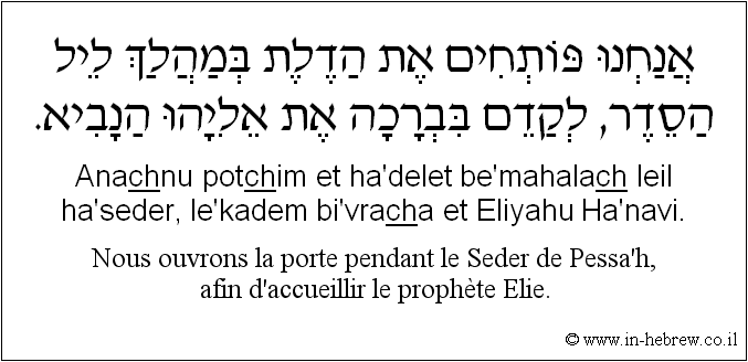 Français à l'hébreu: Nous ouvrons la porte pendant le Seder de Pessa’h, afin d’accueillir le prophète Elie.