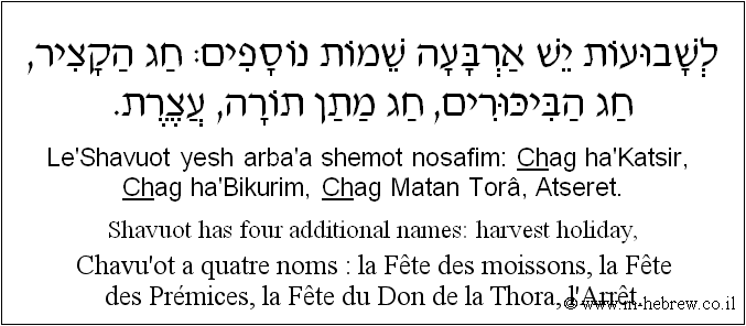 Français à l'hébreu: Chavu’ot a quatre noms : la Fête des moissons, la Fête des Prémices, la Fête du Don de la Thora, l’Arrêt.