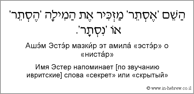Иврит и русский: Имя Эстер напоминает [по звучанию ивритские] слова «секрет» или «скрытый»