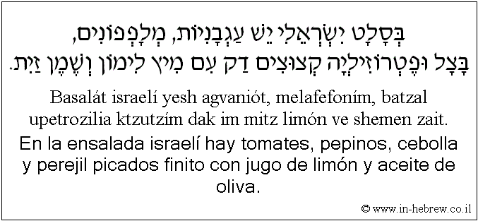 Español y hebreo: En la ensalada israelí hay tomates, pepinos, cebolla y perejil picados finito con jugo de limón y aceite de oliva.