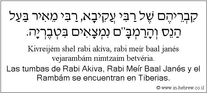 Español y hebreo: Las tumbas de Rabi Akiva, Rabi Meír Baal Janés y el Rambám se encuentran en Tiberias.