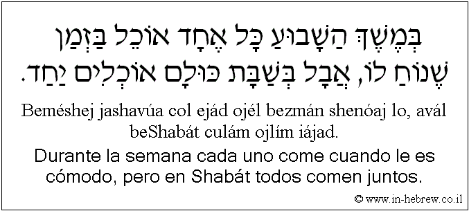 Español y hebreo: Durante la semana cada uno come cuando le es cómodo, pero en Shabát todos comen juntos.