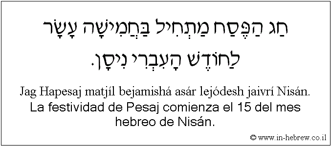 Español y hebreo: La festividad de Pesaj comienza el 15 del mes hebreo de Nisán.