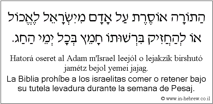 Español y hebreo: La Biblia prohíbe a los israelitas comer o retener bajo su tutela levadura durante la semana de Pesaj.